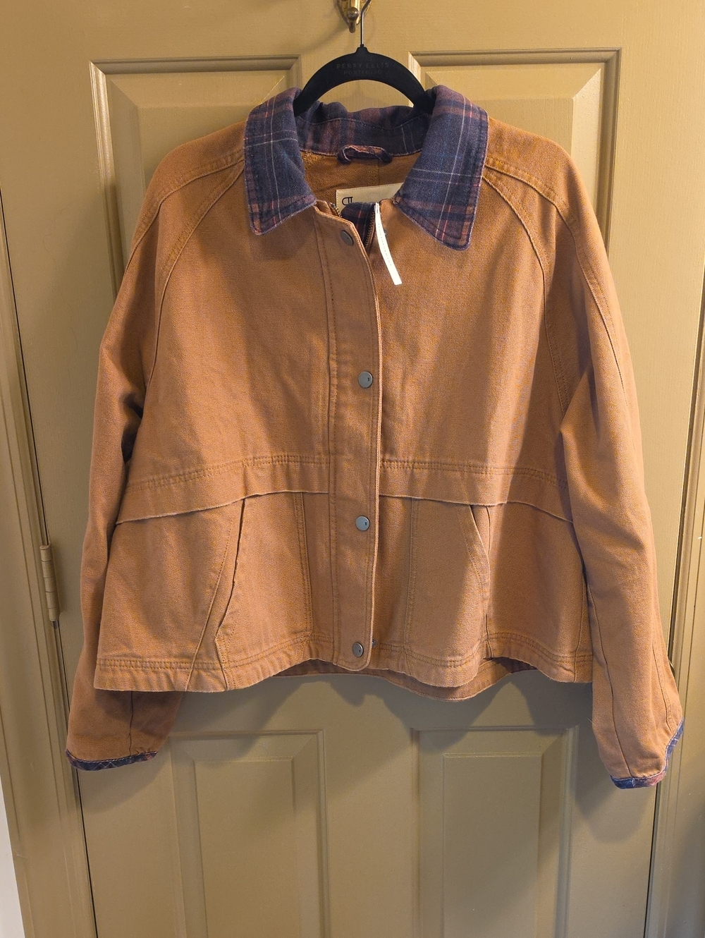 Anthropologie Pilcro The Lexie Cropped Workwear Jacket Plaid Collar Tan NWT XL